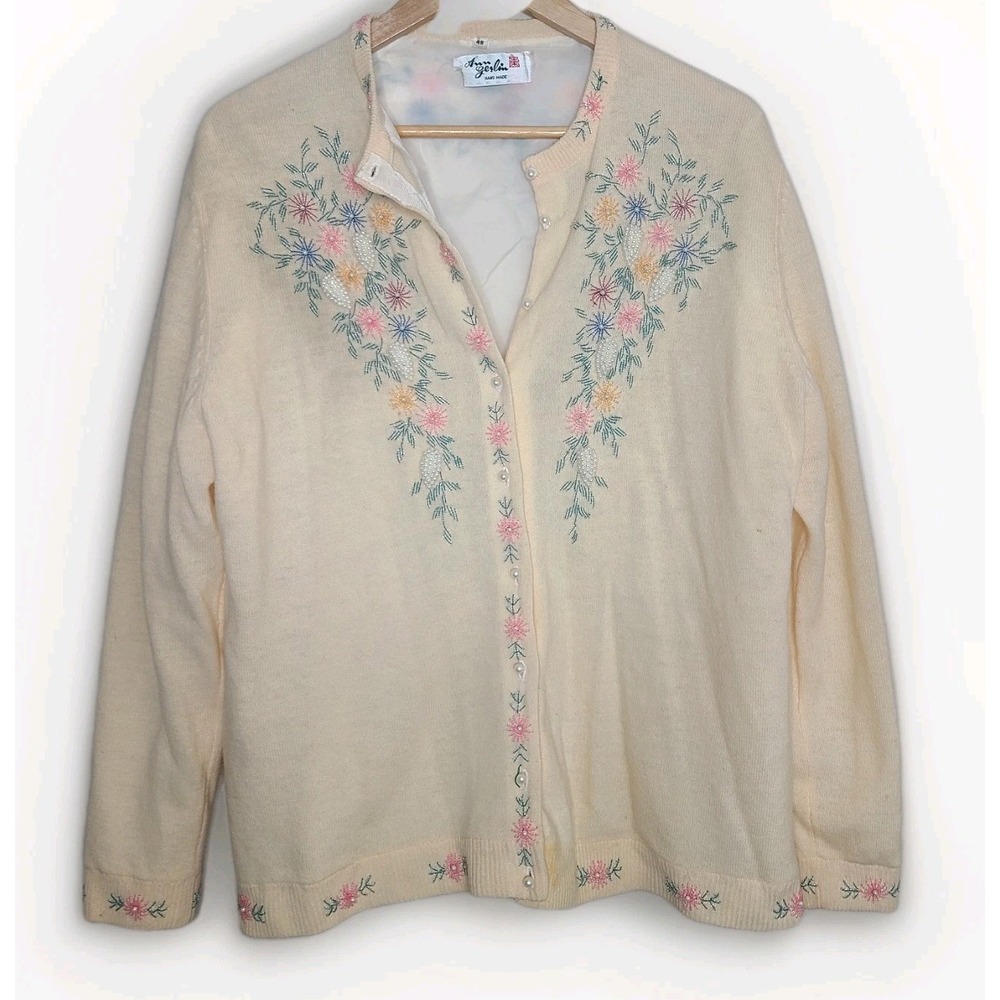 Vtg 50s Womens Ann Gerlin‎ Cardigan Cream Beaded Floral Angora Lambswool Sweater